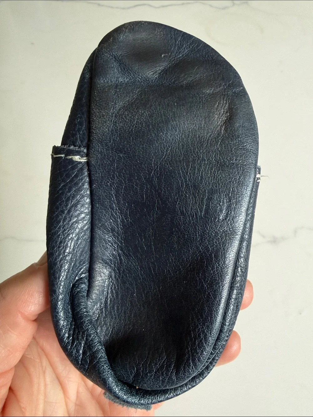 Freshly Picked Navy Blue Leather Baby Moccasins with Tan Laces